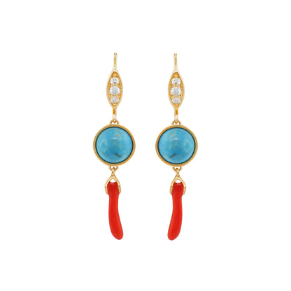 Pretty Little Things Coral Earrings gold-tone with turquoise cabochons and red drops on Tampa Home & Garden Store