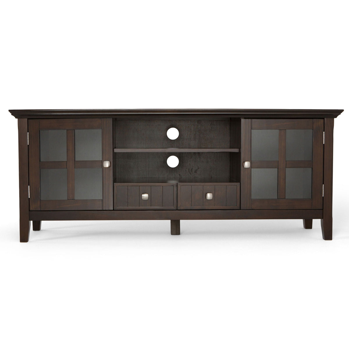 Solid wood TV stand with glass-panel cabinets, open shelf, and drawers by HouseOfZazla on Tampa Home & Garden Store