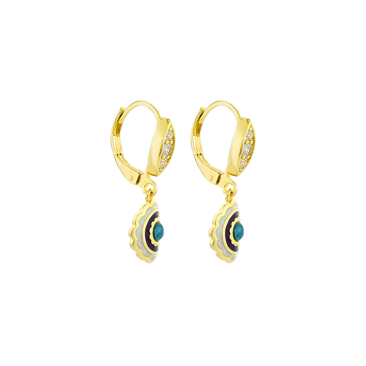 Lucky Hamsa Earrings gold-tone hoops with turquoise center and layered purple enamel pendant on Tampa Home & Garden Store