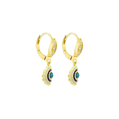 Lucky Hamsa Earrings gold-tone hoops with turquoise center and layered purple enamel pendant on Tampa Home & Garden Store