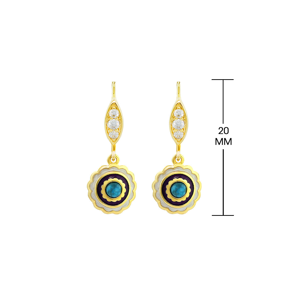 Lucky Hamsa Earrings gold-tone drop with crystals and turquoise center purple ring pendant pair on Tampa Home & Garden Store