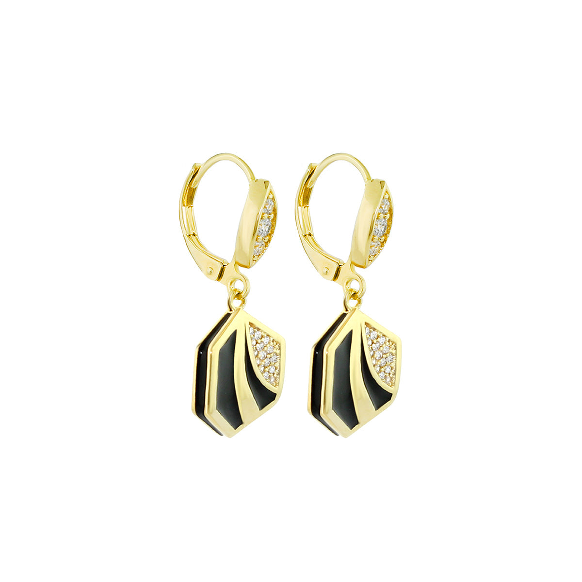 Beehive Earrings, gold-tone drop earrings with black enamel and pavé crystals, pair on Tampa Home & Garden Store