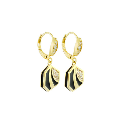 Beehive Earrings, gold-tone drop earrings with black enamel and pavé crystals, pair on Tampa Home & Garden Store