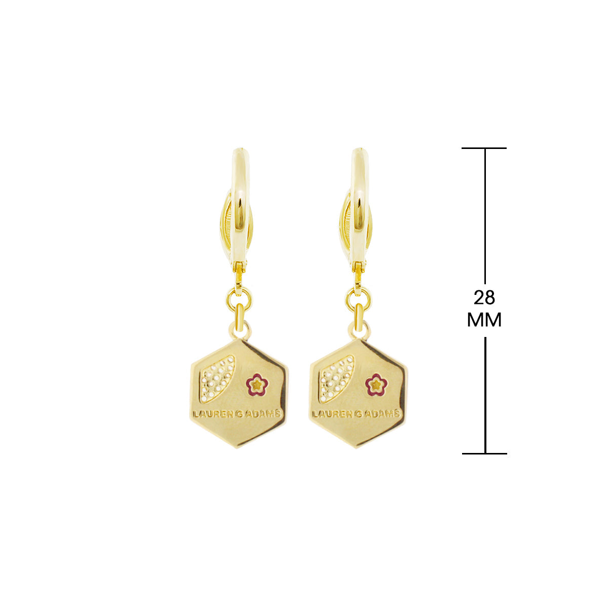 Beehive earrings by Lauren G Adams, gold-tone hex charms with dotted texture and flower pair on Tampa Home & Garden Store
