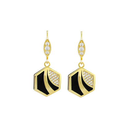 Beehive earrings pair by Lauren G Adams, gold-tone drops with black enamel hex and pavé diamonds on Tampa Home & Garden Store