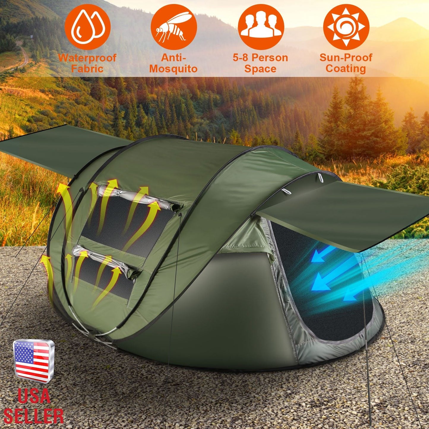 GemGear 3-4 Person Pop-Up Tent waterproof fabric anti-mosquito net windows carrying bag on Tampa Home & Garden Store