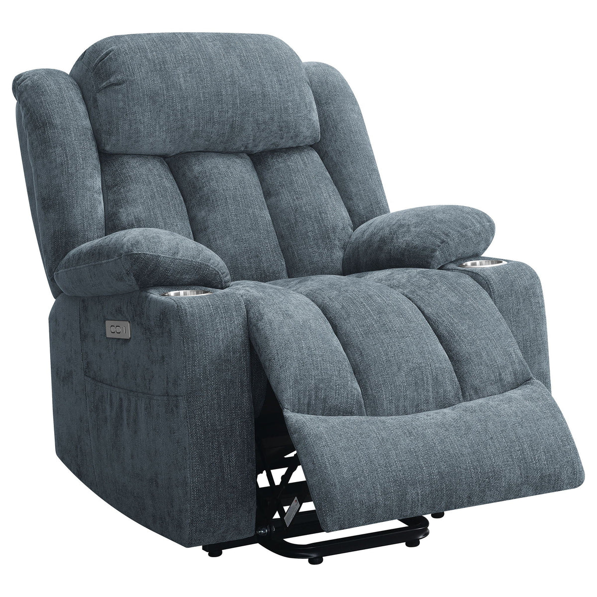 Beca upholstered power lift recliner in blue-gray fabric with cupholders and USB charging on Tampa Home & Garden Store