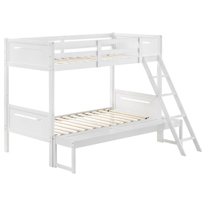White bunk bed by HouseOfZazla with built-in ladder, safety guardrails and angled access step on Tampa Home & Garden Store
