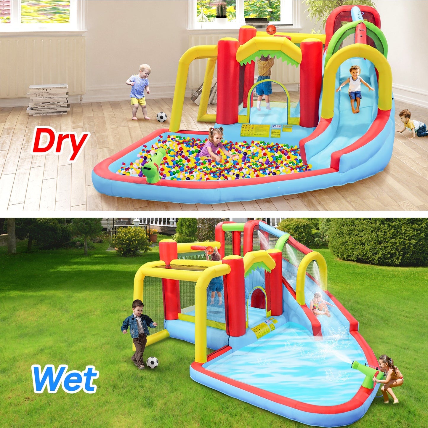 7-in-1 inflatable water park with slide and ball pit, kids playing in a backyard setup on Tampa Home & Garden Store