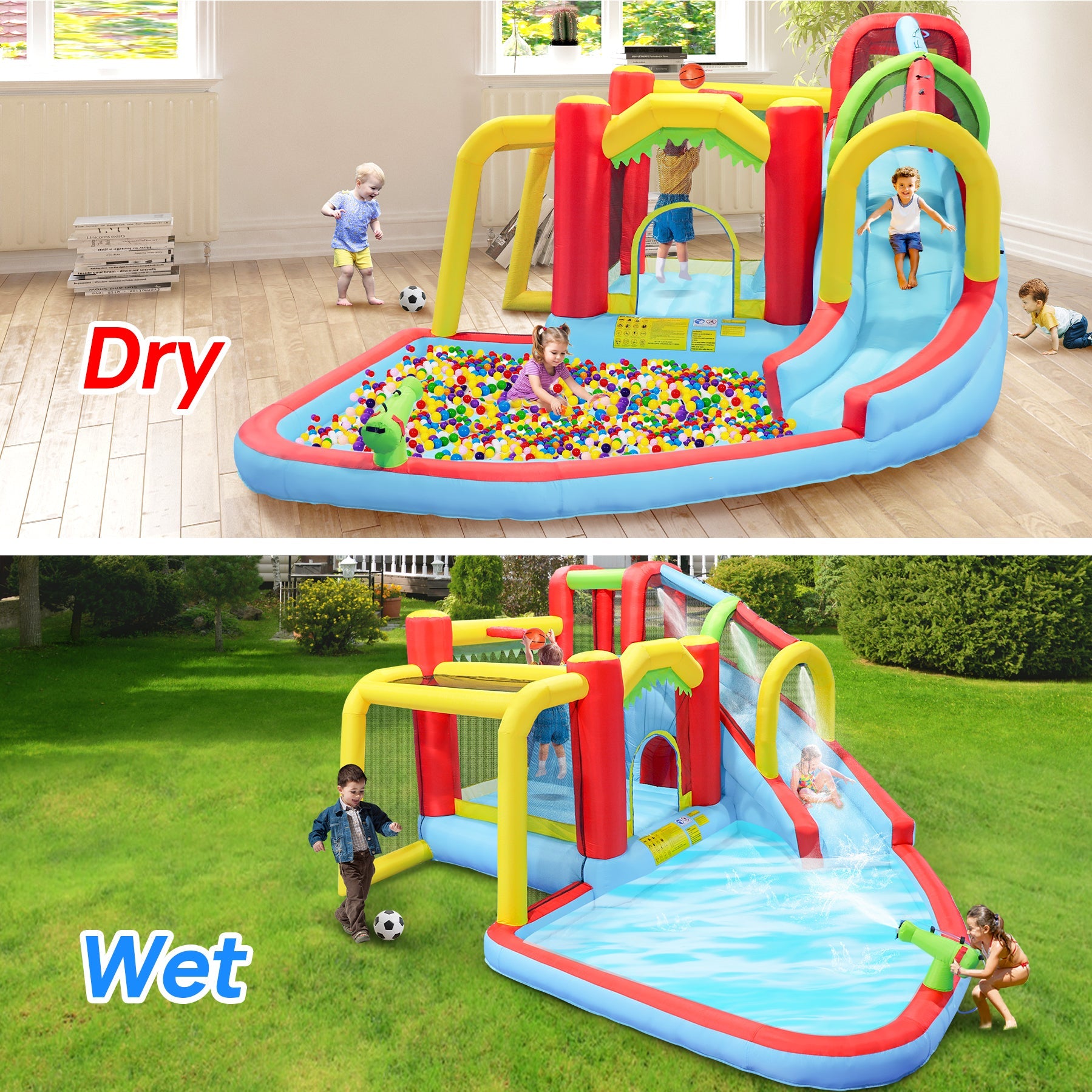 7-in-1 inflatable water park with slide and ball pit, kids playing in a backyard setup on Tampa Home & Garden Store
