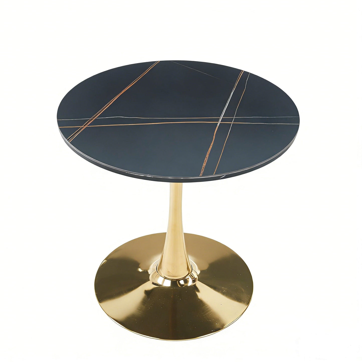 Mid-Century Tulip dining table with round black top, copper-gold inlays, and gold pedestal base by HouseOfZazla on Tampa Home & Garden Store