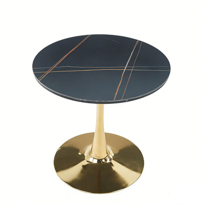 Mid-Century Tulip dining table with round black top, copper-gold inlays, and gold pedestal base by HouseOfZazla on Tampa Home & Garden Store