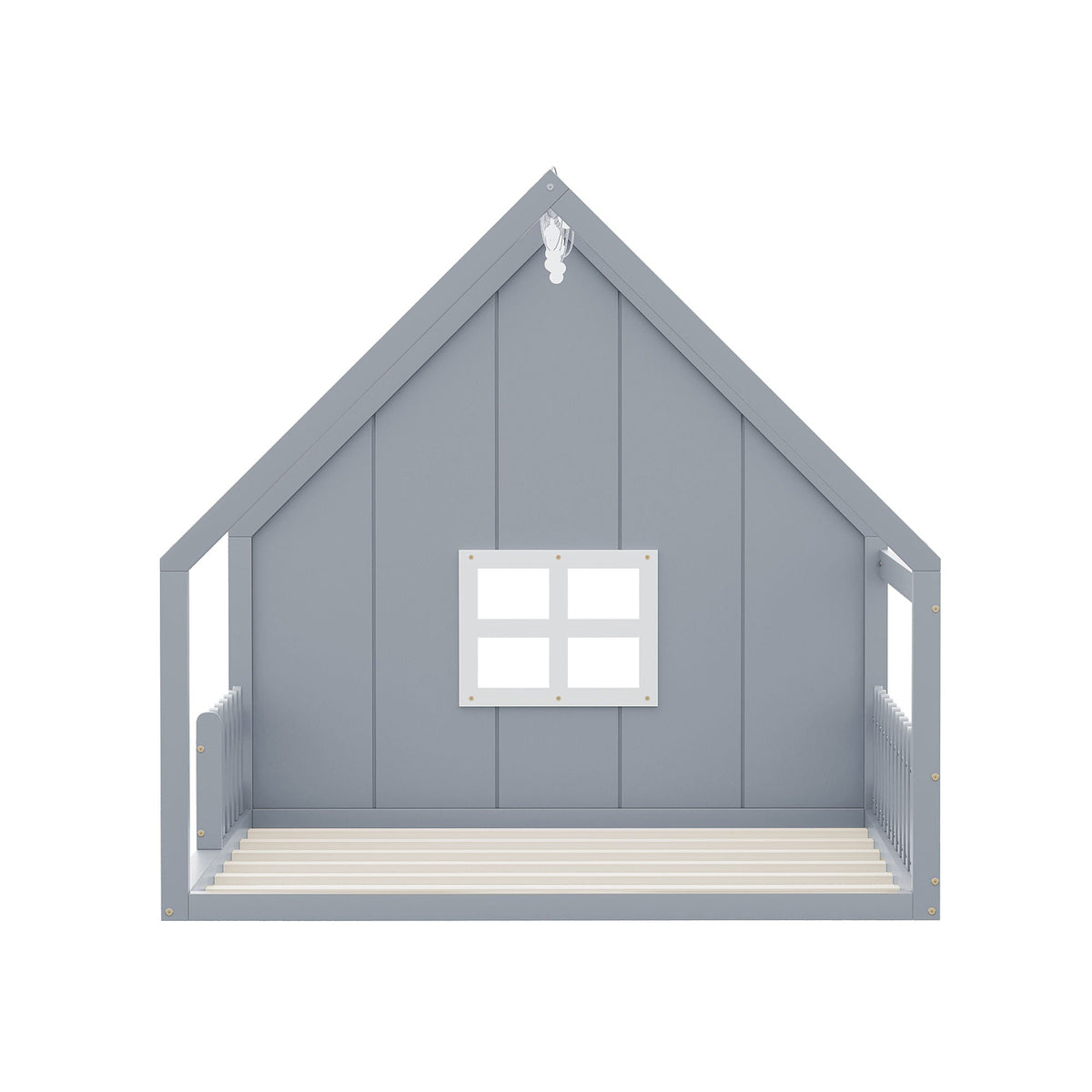 House Bed With Window And Fence, blue-gray wooden platform bed frame on Tampa Home & Garden Store