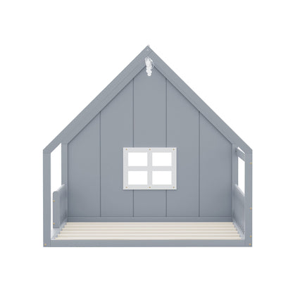 House Bed With Window And Fence, blue-gray wooden platform bed frame on Tampa Home & Garden Store