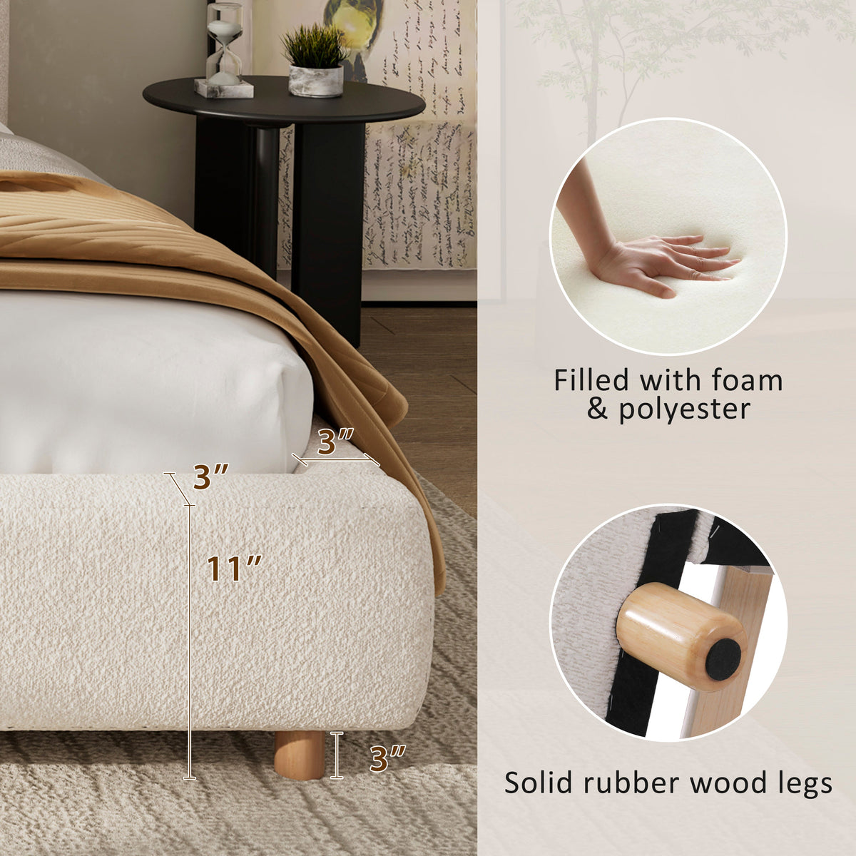 Queen size upholstered bed by HouseOfZazla in beige boucle fabric with solid rubber wood legs on Tampa Home & Garden Store