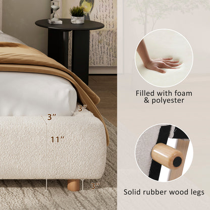 Queen size upholstered bed by HouseOfZazla in beige boucle fabric with solid rubber wood legs on Tampa Home & Garden Store
