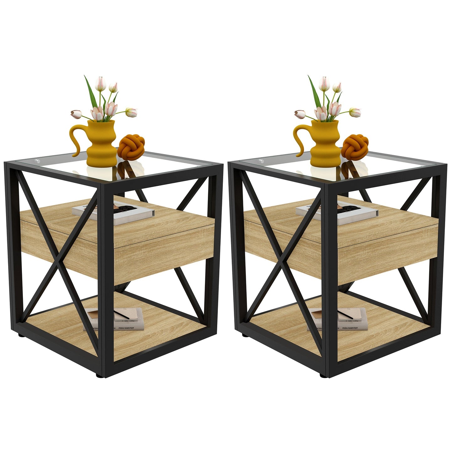 Set of 2 modern end tables with glass top and lower wood shelf, black metal X-frame on Tampa Home & Garden Store