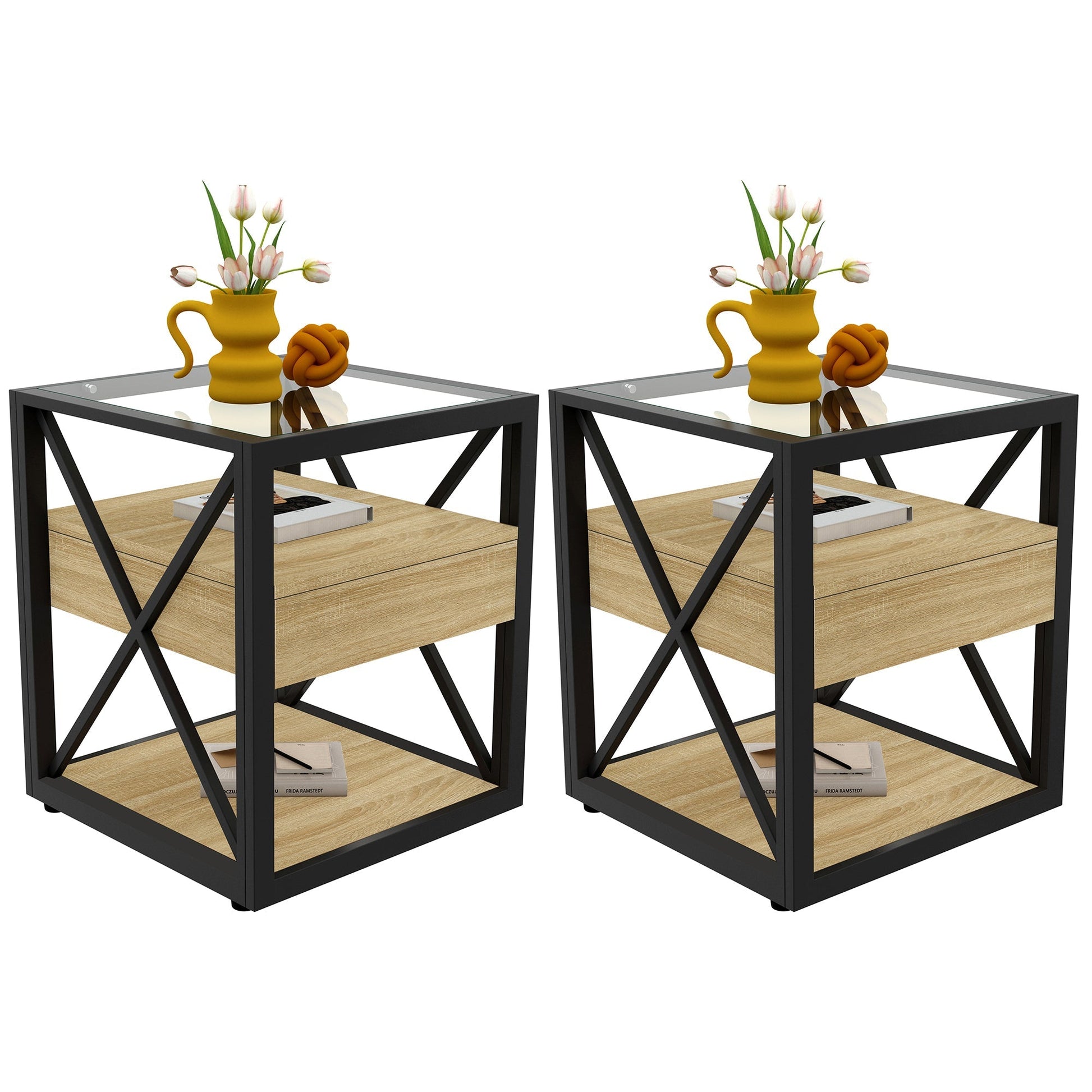 Set of 2 modern end tables with glass top and lower wood shelf, black metal X-frame on Tampa Home & Garden Store
