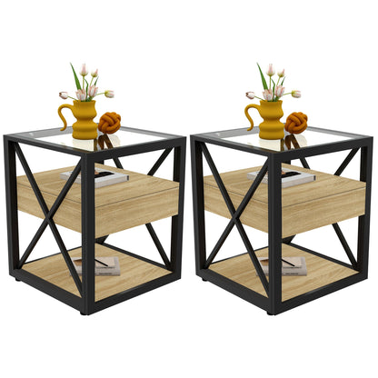 Set of 2 modern end tables with glass top and lower wood shelf, black metal X-frame on Tampa Home & Garden Store