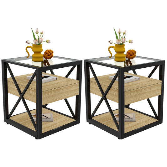 Set of 2 modern end tables with glass top and lower wood shelf, black metal X-frame on Tampa Home & Garden Store