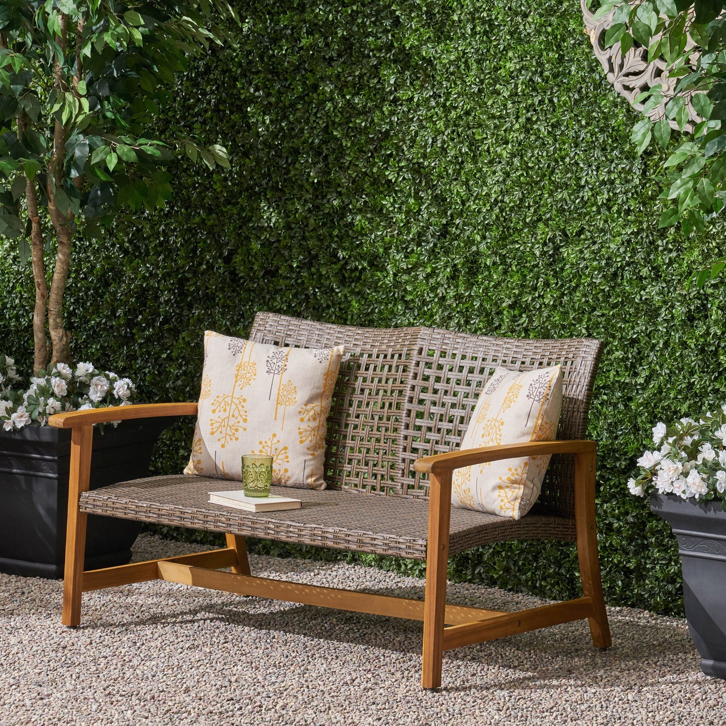 Hampton Outdoor Acacia Wood Wicker Loveseat by HouseOfZazla with beige botanical cushions on Tampa Home & Garden Store