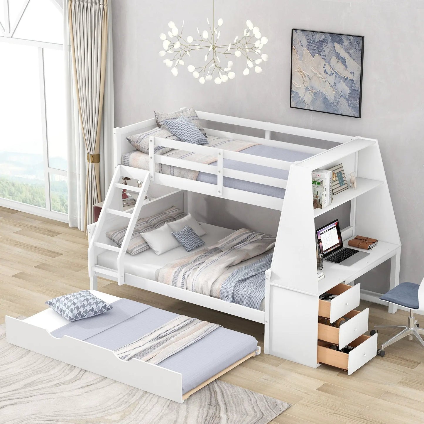 Bunk Bed with Trundle and Built in Desk Drawers