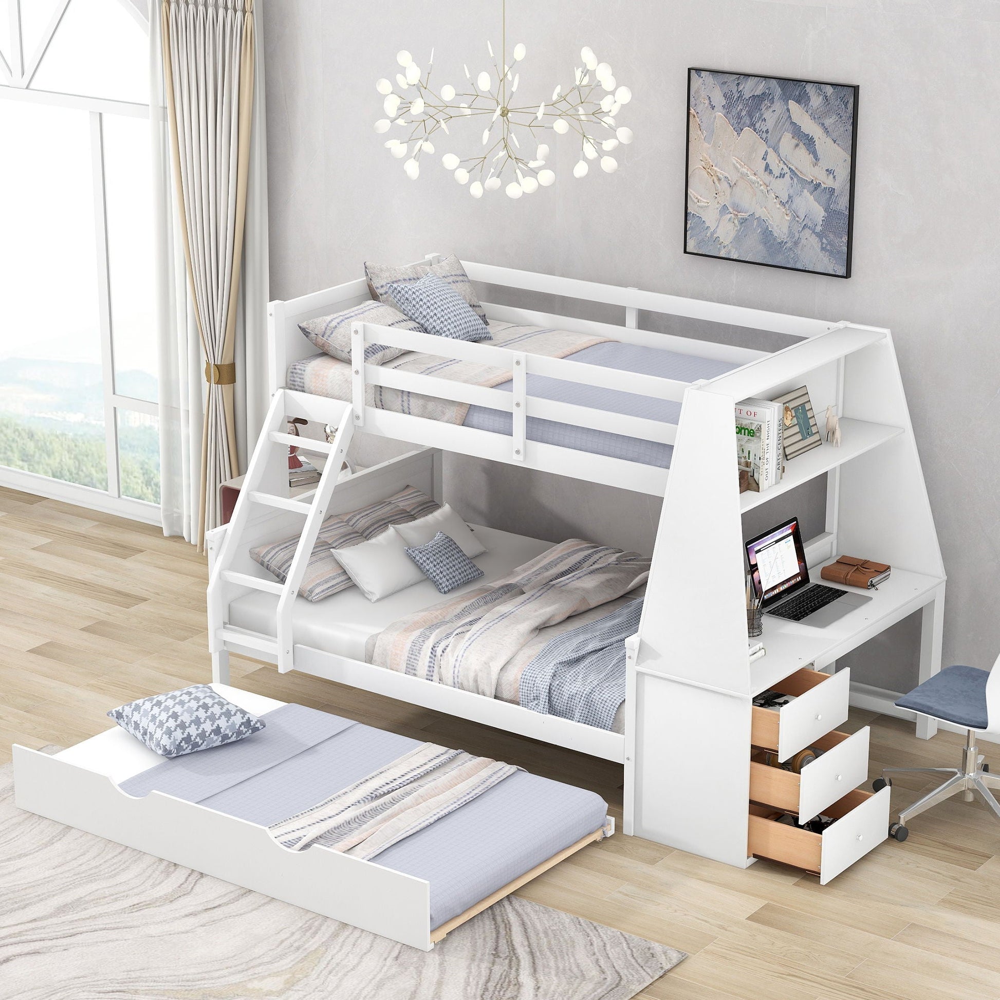White bunk bed with built-in desk and trundle, 3 storage drawers and shelf by HouseOfZazla on Tampa Home & Garden Store