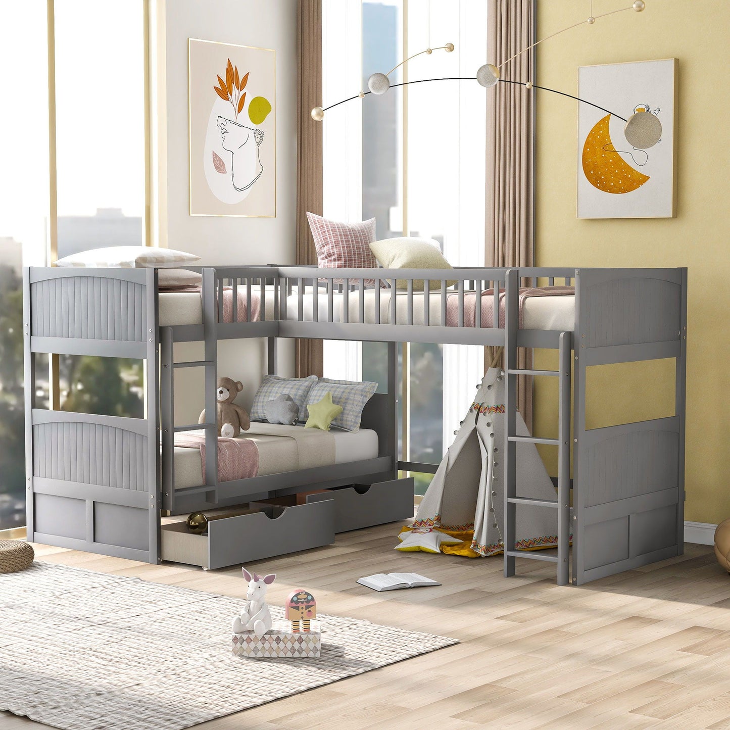 Bunk bed with loft and 2 drawers in grey metal frame by HouseOfZazla in a bright kids room on Tampa Home & Garden Store