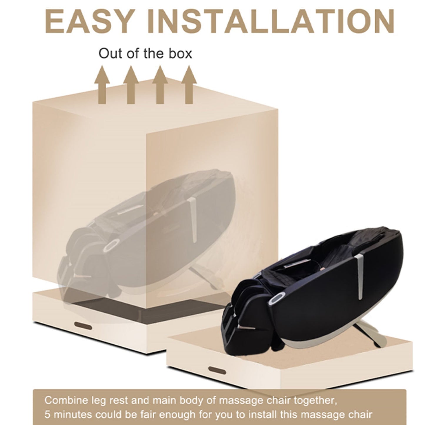Zero Gravity Massage Chair by HouseOfZazla, black, boxed with out-of-box setup illustration on Tampa Home & Garden Store