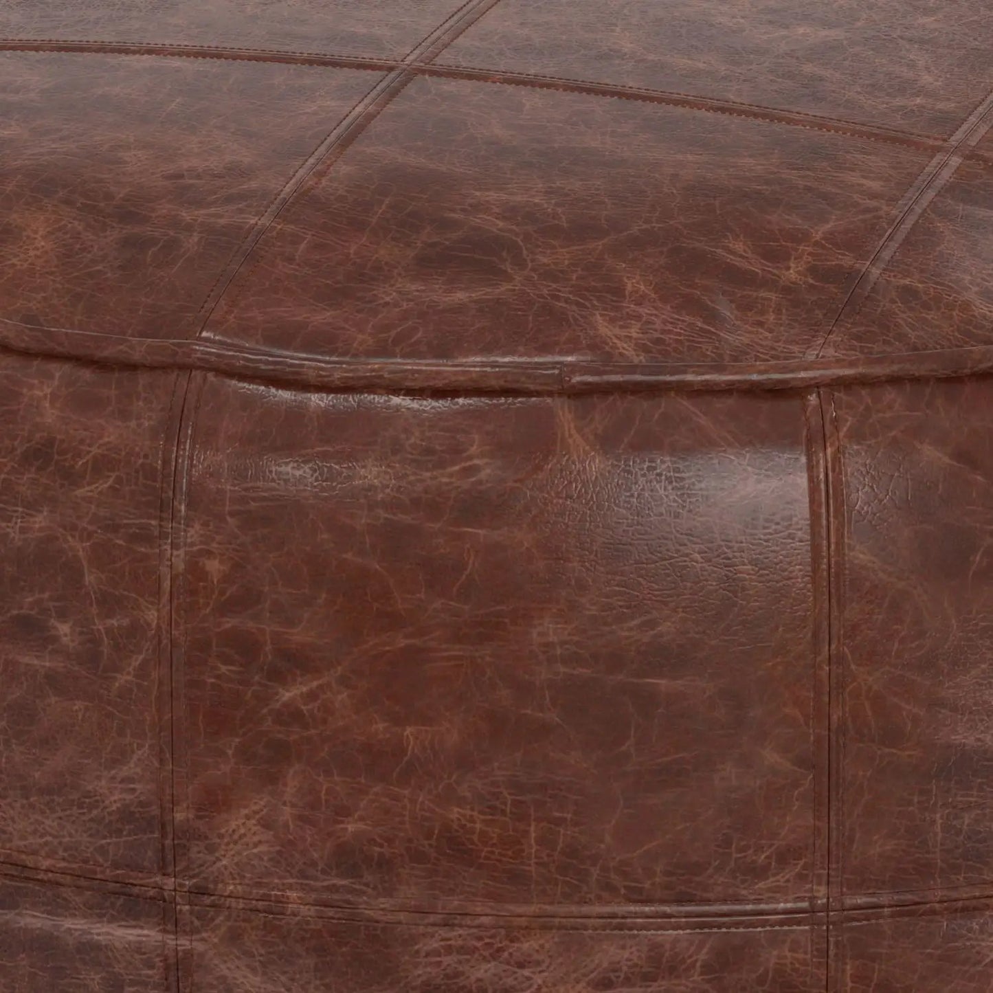 Connor handcrafted round pouf in brown leather with stitching by Unique Piece Furniture on Tampa Home & Garden Store