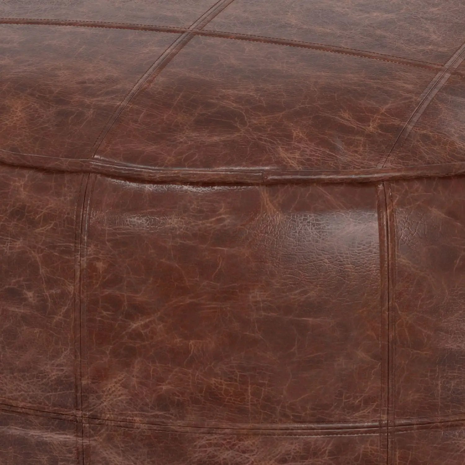 Connor handcrafted round pouf in brown leather with stitching by Unique Piece Furniture on Tampa Home & Garden Store