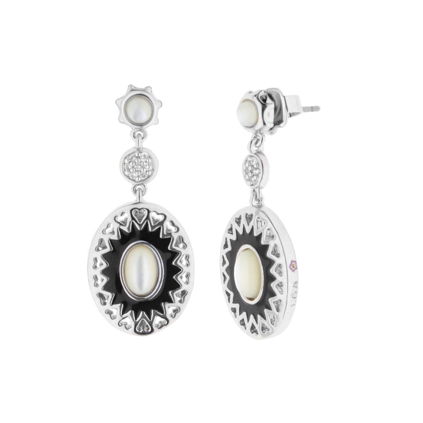 Infinity Earrings: silver-tone drop with pearl centers and black enamel sunburst, pair on Tampa Home & Garden Store
