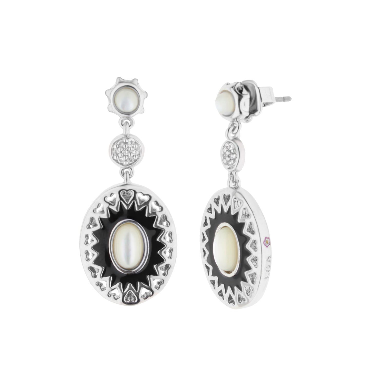 Infinity Earrings: silver-tone drop with pearl centers and black enamel sunburst, pair on Tampa Home & Garden Store