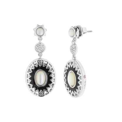 Infinity Earrings: silver-tone drop with pearl centers and black enamel sunburst, pair on Tampa Home & Garden Store