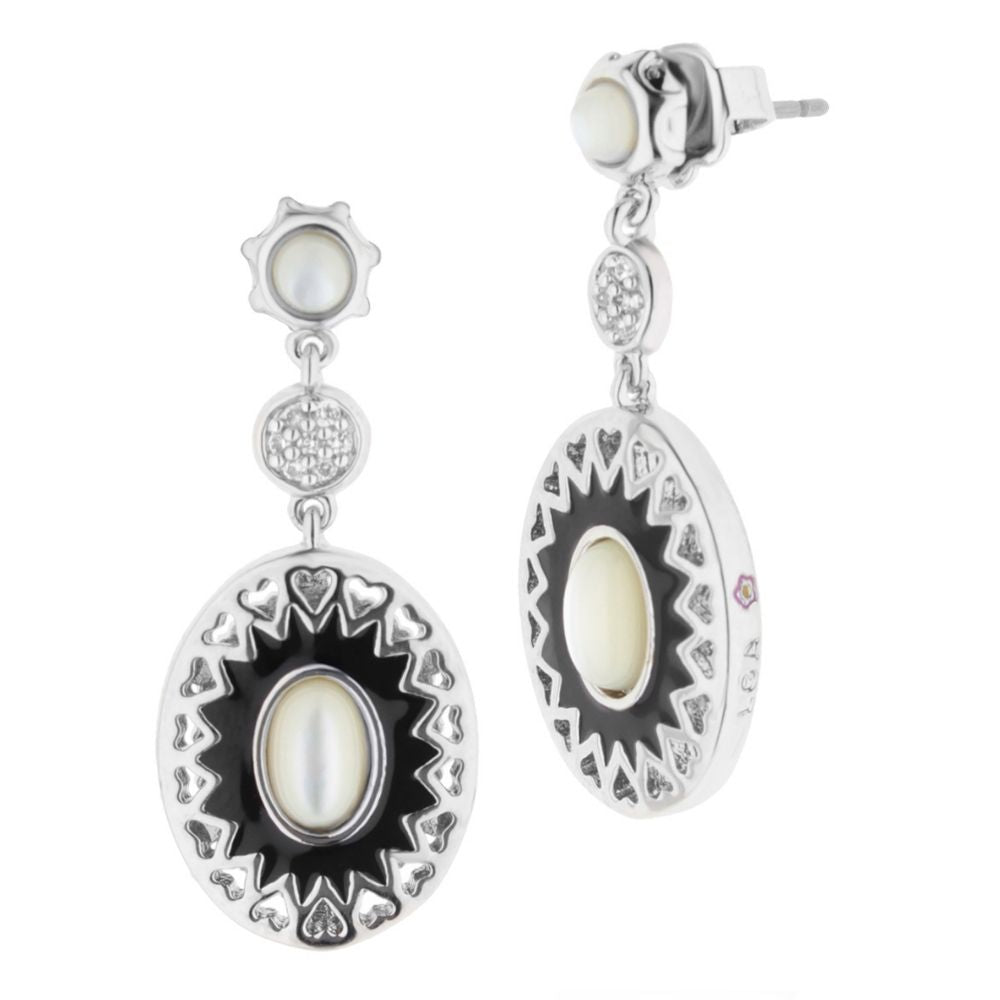 Infinity earrings by Lauren G Adams, silver drop with black enamel sunburst and pearl center on Tampa Home & Garden Store