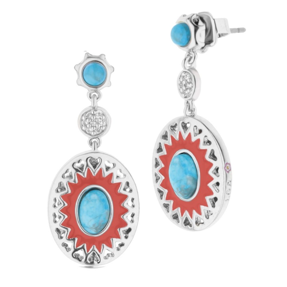 Infinity Earrings by Lauren G Adams, turquoise cabochons with red sunburst oval pendants on Tampa Home & Garden Store