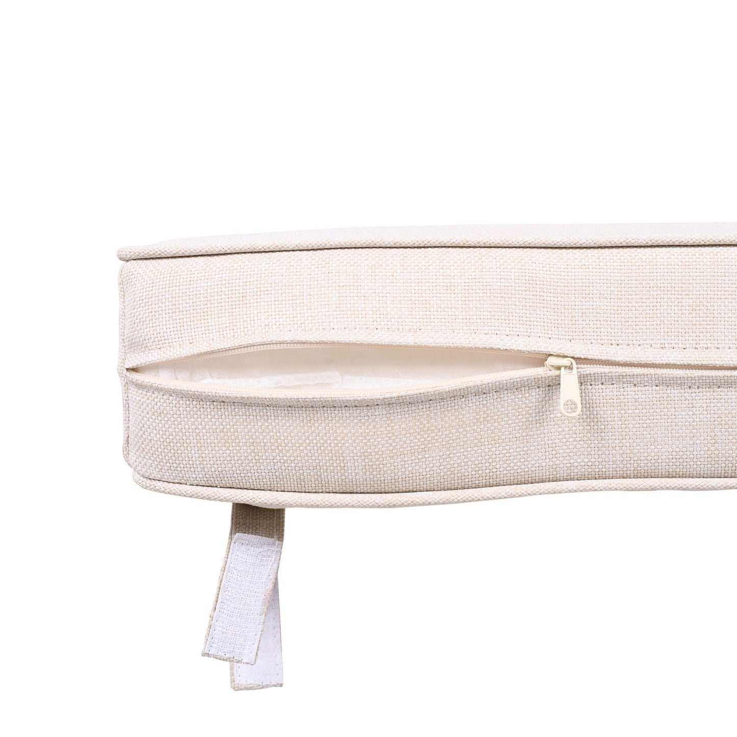 Outdoor club chair cushion in beige woven fabric with visible zipper on Tampa Home & Garden Store