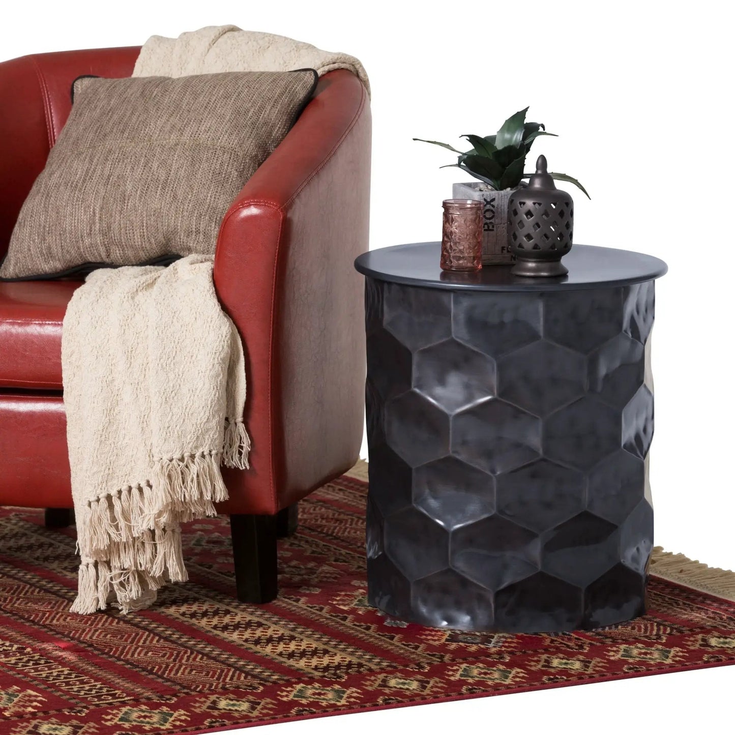 Whitney Handcrafted Metal Storage Table with hammered finish; plant and lantern beside red sofa on Tampa Home & Garden Store