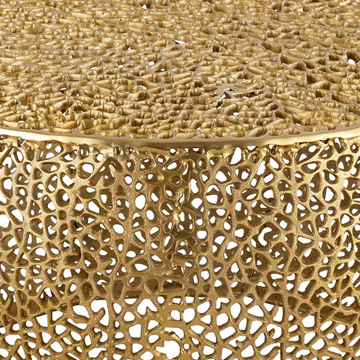 Round coffee table by HouseOfZazla in gold aluminum frame with textured top and lattice base on Tampa Home & Garden Store