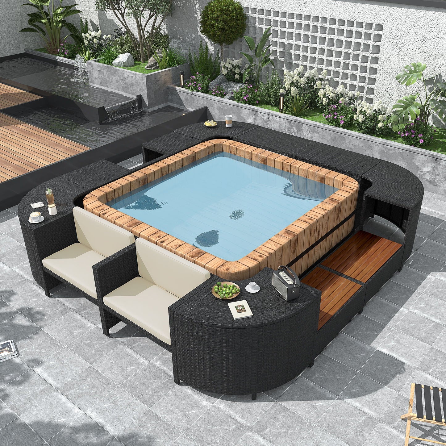 Outdoor Rattan Spa Frame and Modular Storage Seat