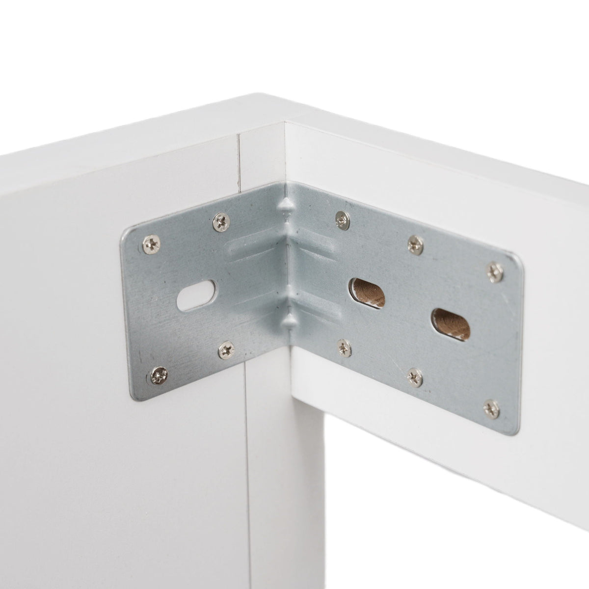 HouseOfZazla vanity mounting bracket in silver metal on white cabinet corner on Tampa Home & Garden Store
