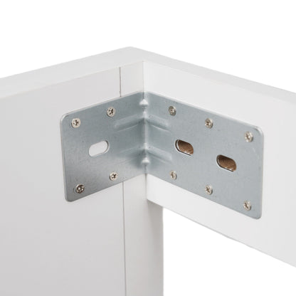 HouseOfZazla vanity mounting bracket in silver metal on white cabinet corner on Tampa Home & Garden Store