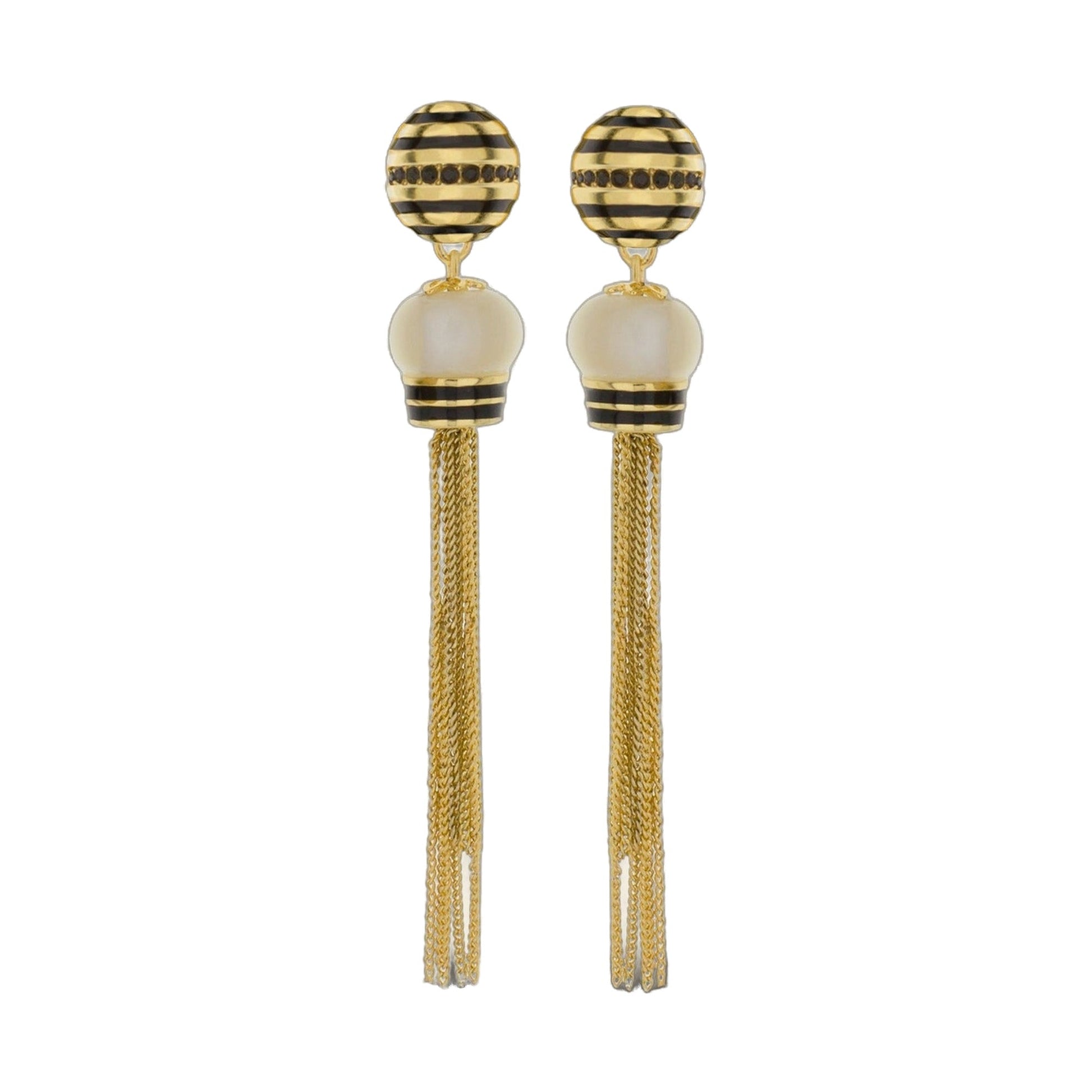 Yellow Bumble Earrings bee-striped yellow-black studs with pearl drops and tassels on Tampa Home & Garden Store