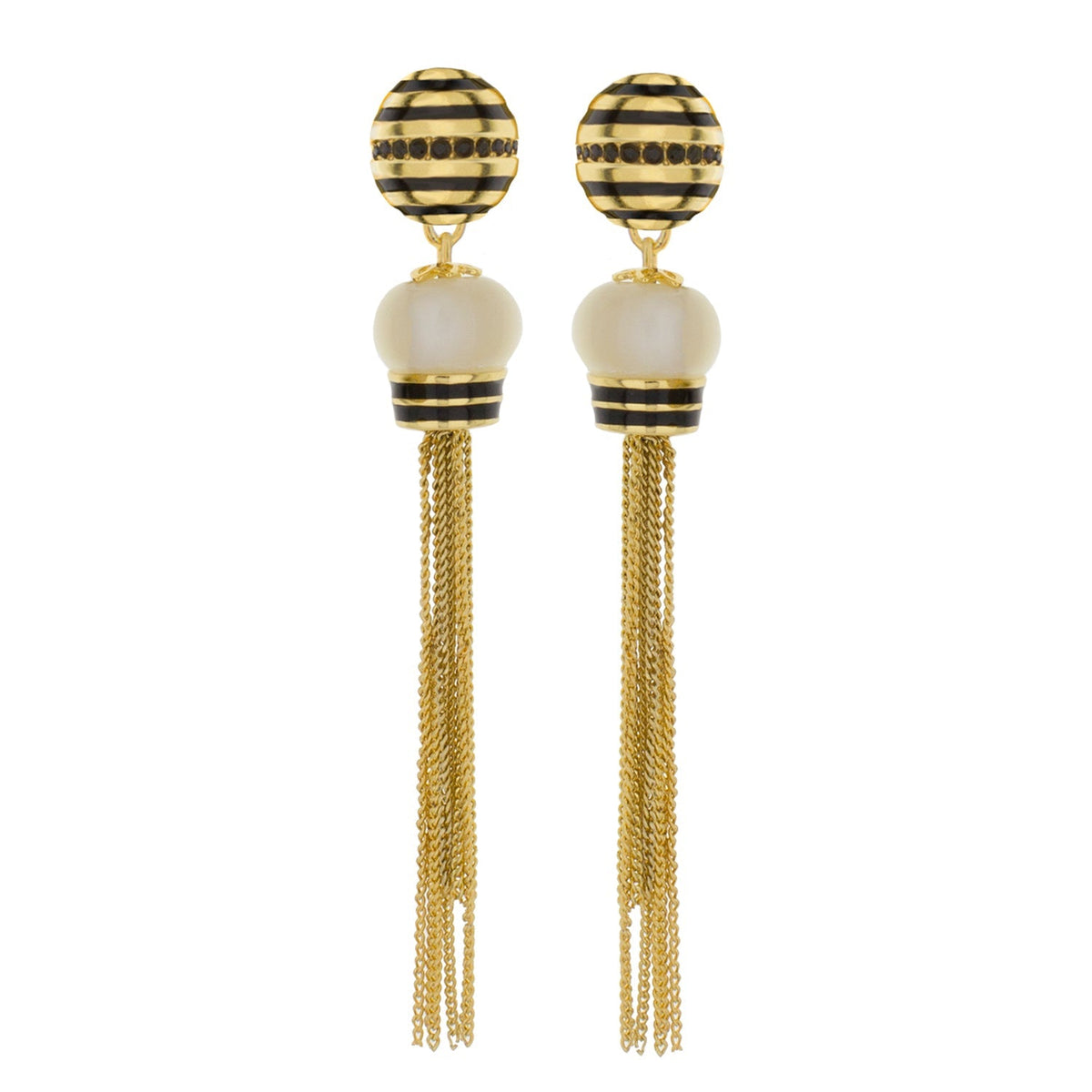 Yellow Bumble Earrings by Lauren G Adams, bee-striped studs with cream beads and tassels on Tampa Home & Garden Store
