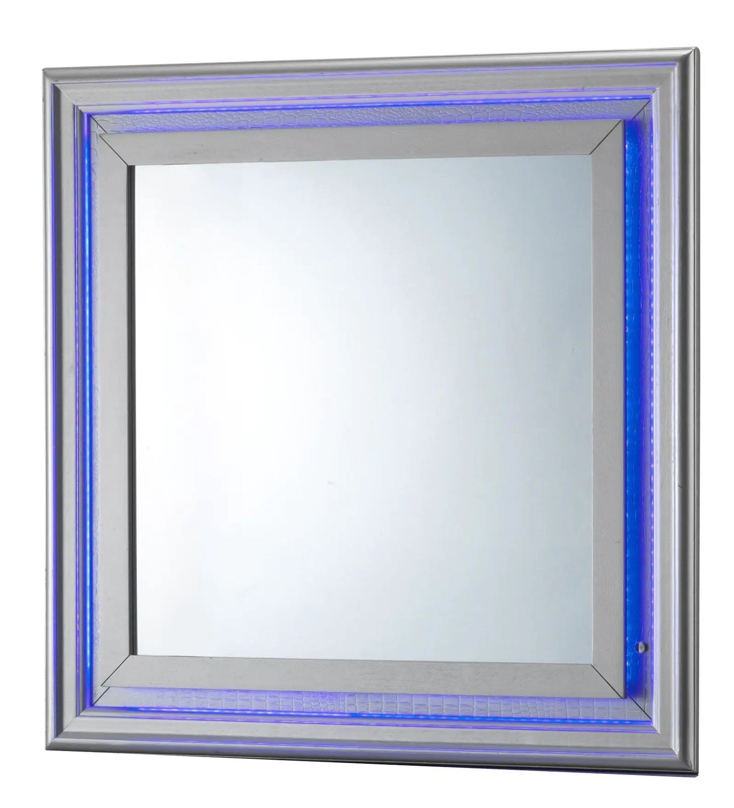 Lorana - Transitional LED Mirror by Unique Piece Furniture, silver frame with blue LED edge on Tampa Home & Garden Store