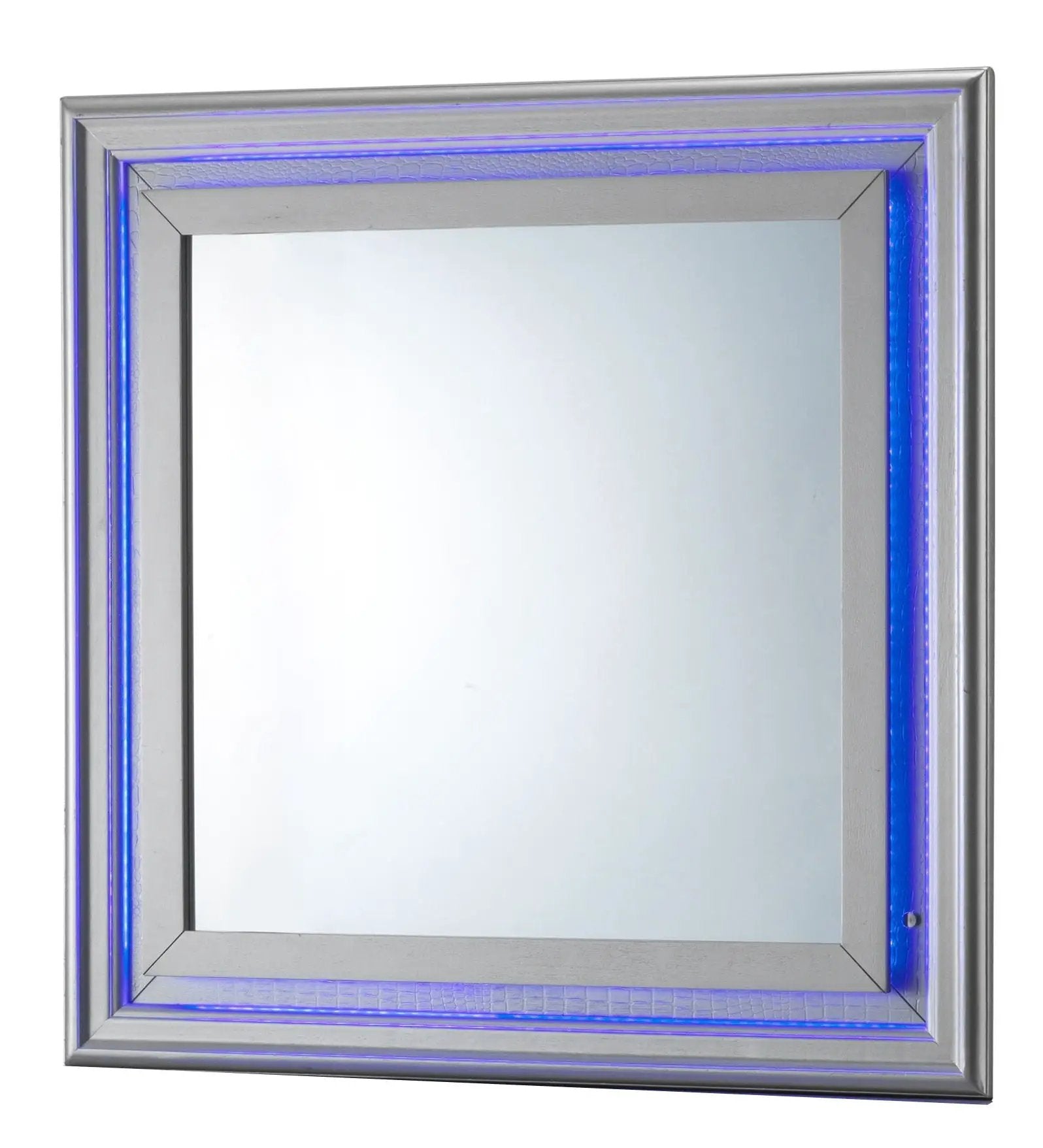 Lorana - Transitional LED Mirror by Unique Piece Furniture, silver frame with blue LED edge on Tampa Home & Garden Store