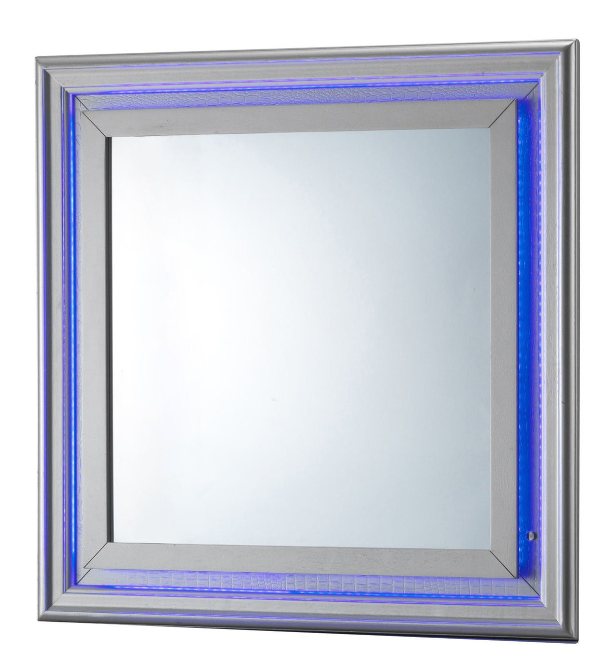 Elegant transitional LED wall mirror with croc-textured pearl silver frame and blue LED edge on Tampa Home & Garden Store