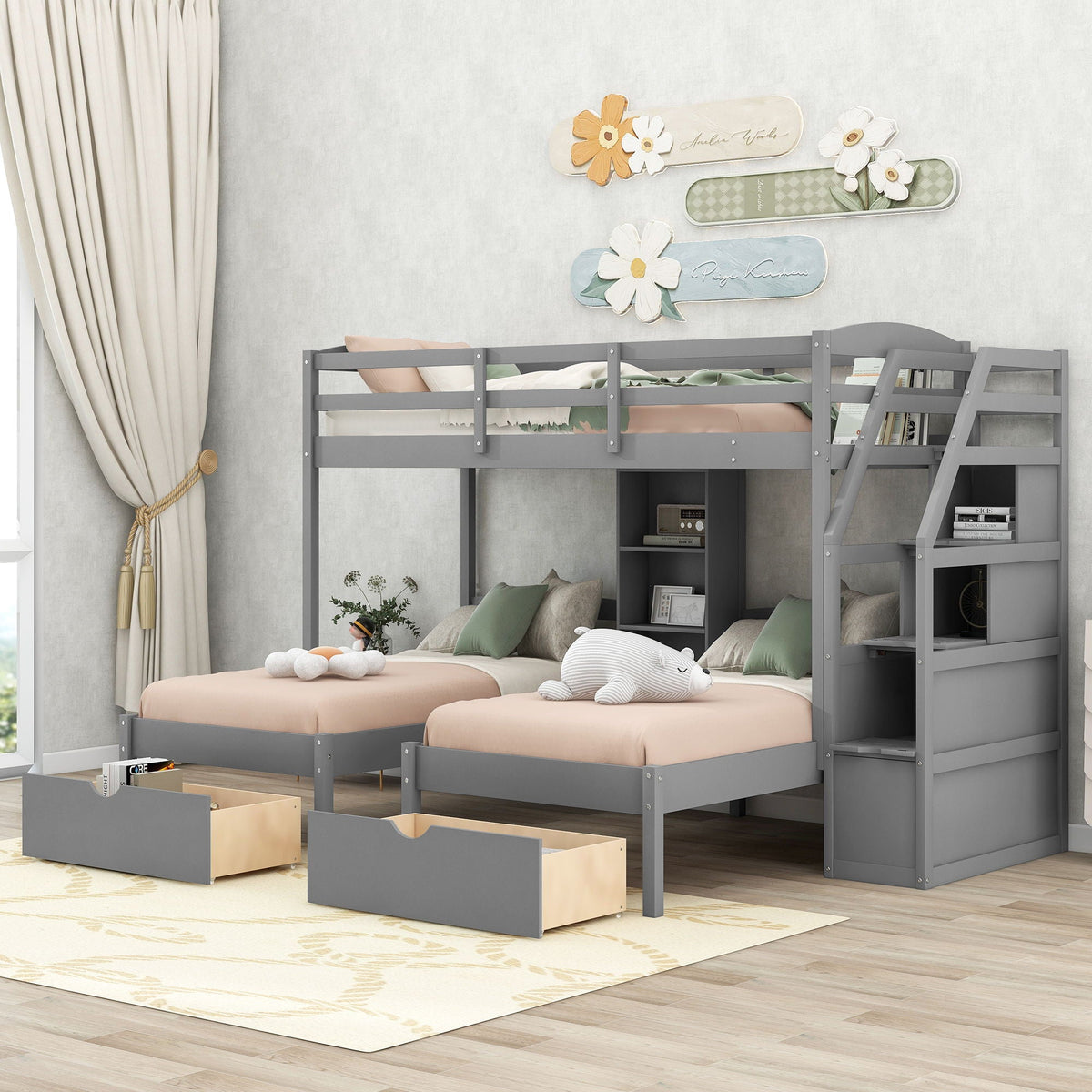 Twin over twin and twin bunk bed set by HouseOfZazla, gray with drawers and built-in shelves on Tampa Home & Garden Store