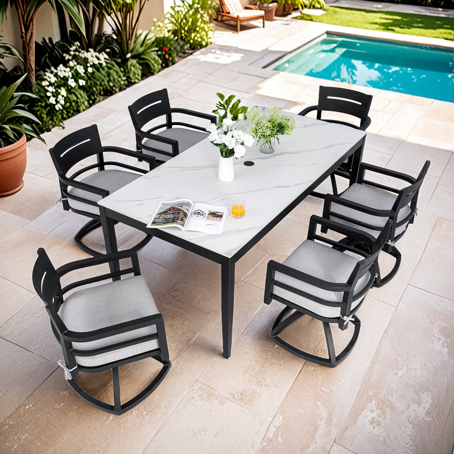 Modern 7pc outdoor patio aluminum dining set with black frames and marble table by HouseOfZazla on Tampa Home & Garden Store