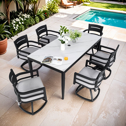 Modern 7pc outdoor patio aluminum dining set with black frames and marble table by HouseOfZazla on Tampa Home & Garden Store